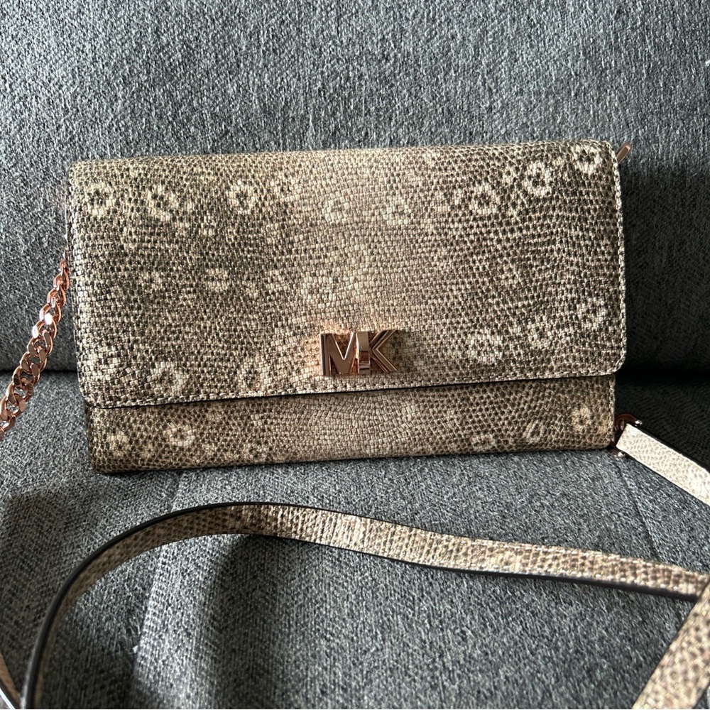 Michael Kors Mott Lizard Embossed Leather Crossbody Bag Rose Gold